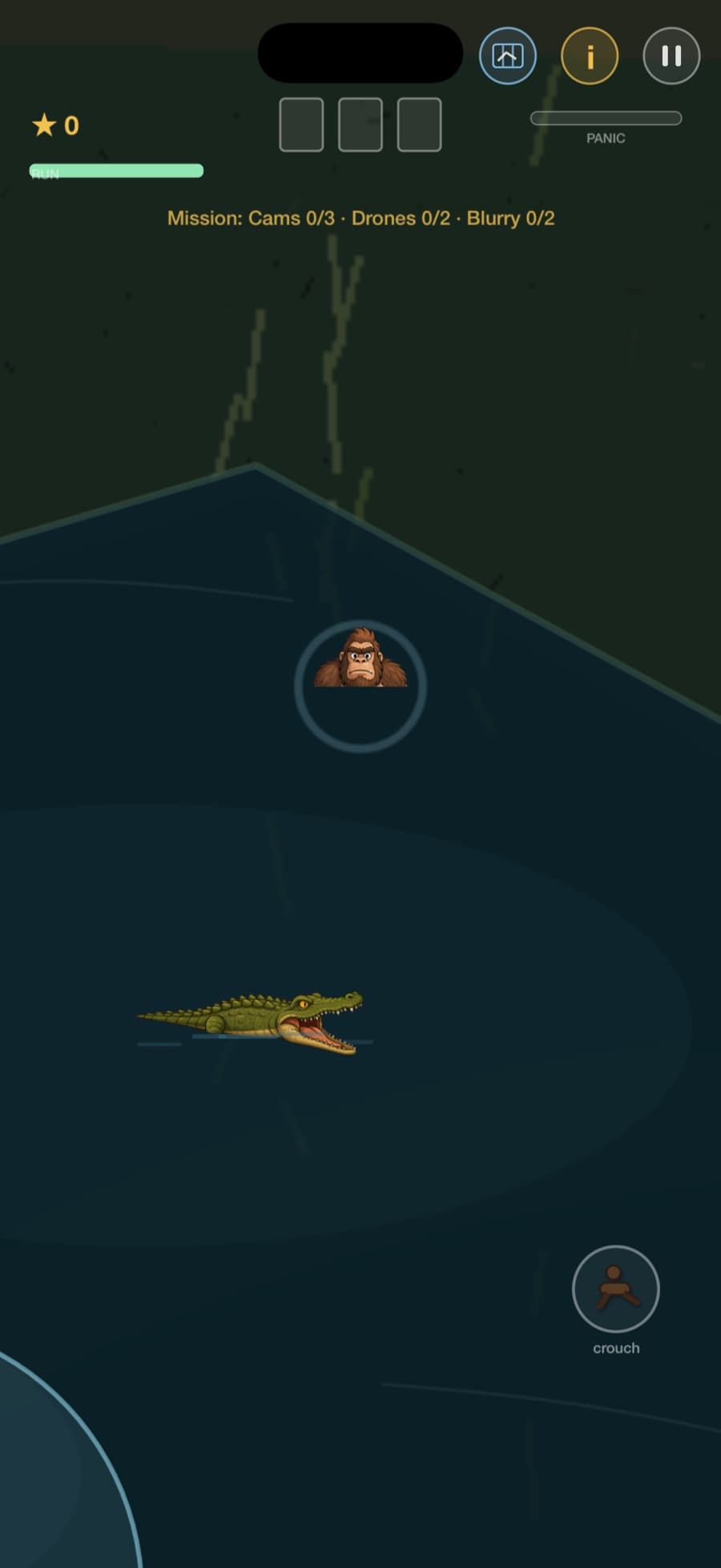 Bigfoot Legend marsh mission with Bigfoot crossing dark water near a crocodile.