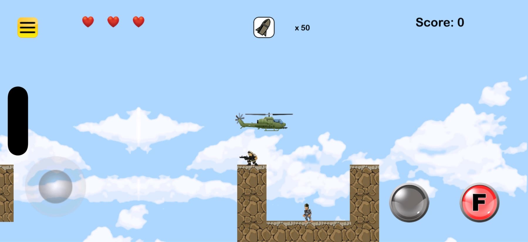 Chopper Time gameplay screenshot showing a helicopter flying through a desert combat level.